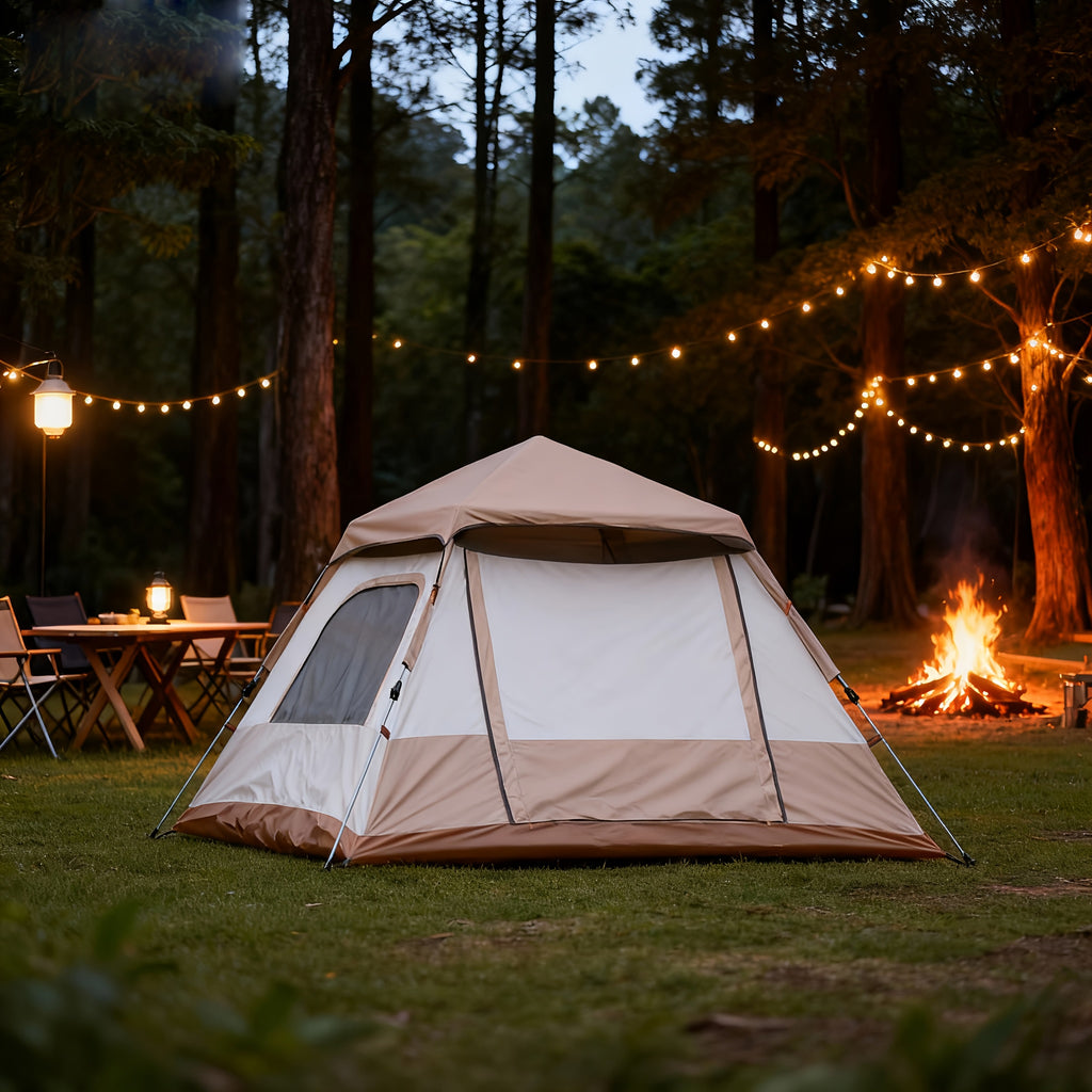 A Camping Tent That Is Portable, Has Four Sides, Opens Quickly, And Includes Double Doors And Four Windows, Designed with Panoramic Mesh for Airflow And a Vestibule