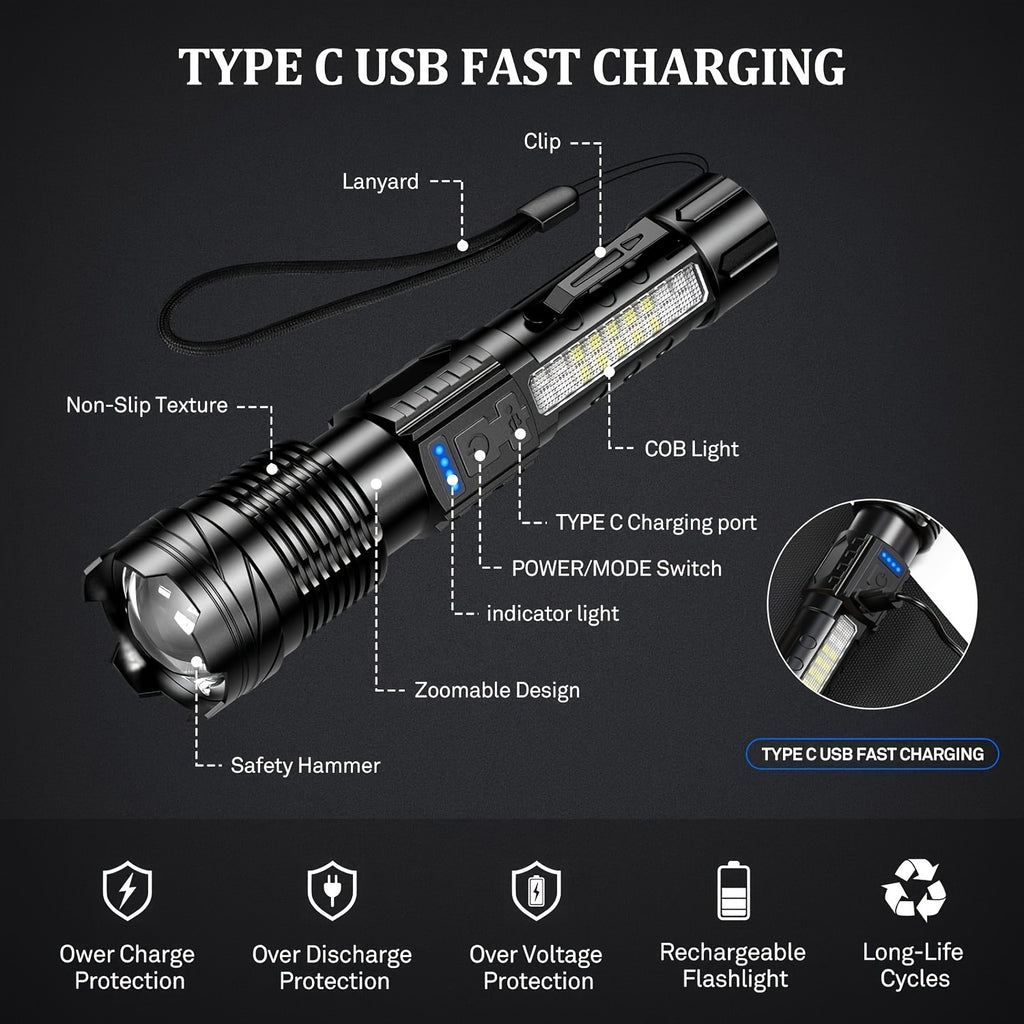 LED Flashlight Super Bright, Built-in 1200mAh Battery COB Red Blue Warning Light, Zoomable Focus with Hand Strap & ABS Housing, Easter Holiday Gift for Camping and Backyard Exploration