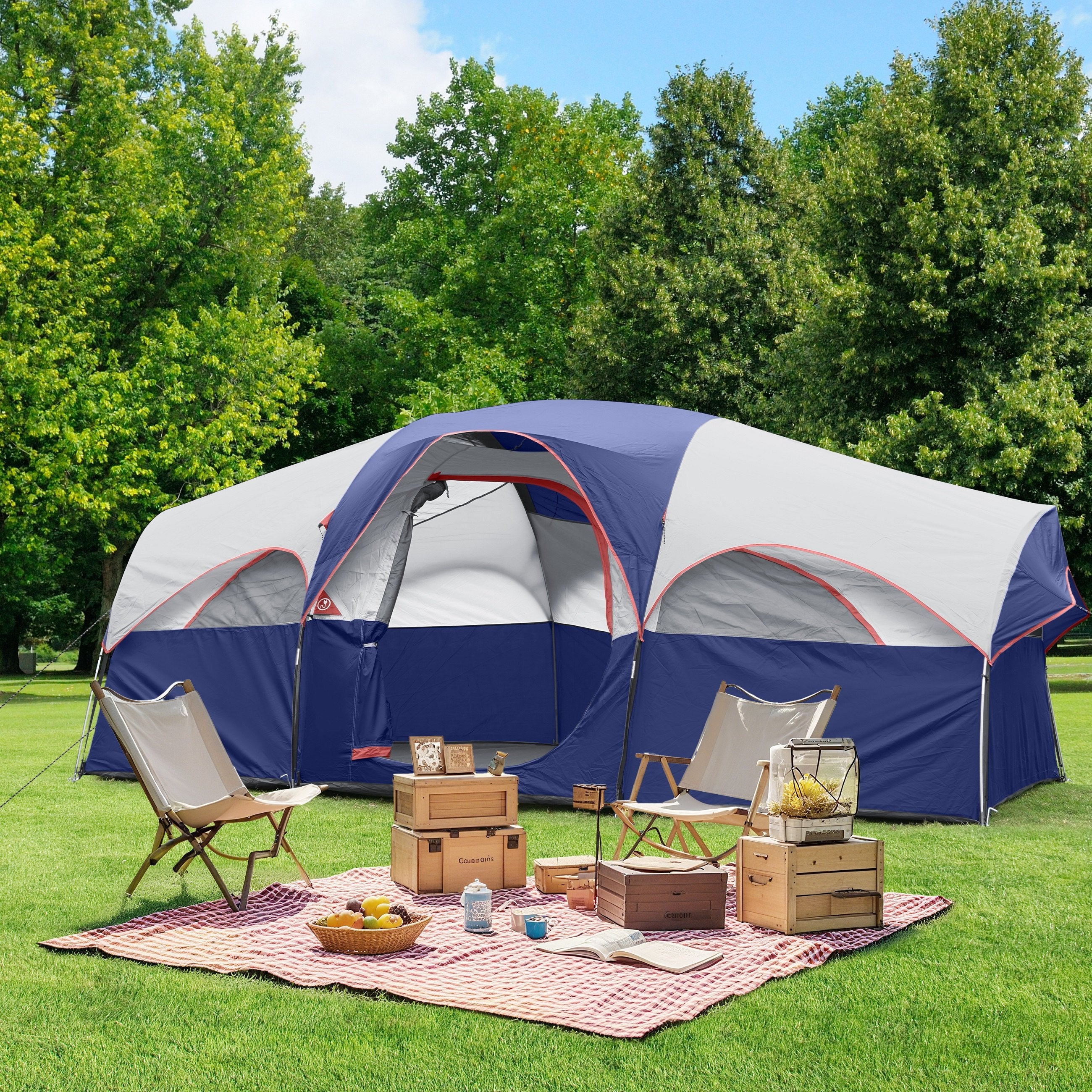 8 Person Family Camping Tent, Spacious Double-Layer & Windproof Tent With Mesh Windows And Divider Curtain, Easy Setup & Portable For Outdoor Camping