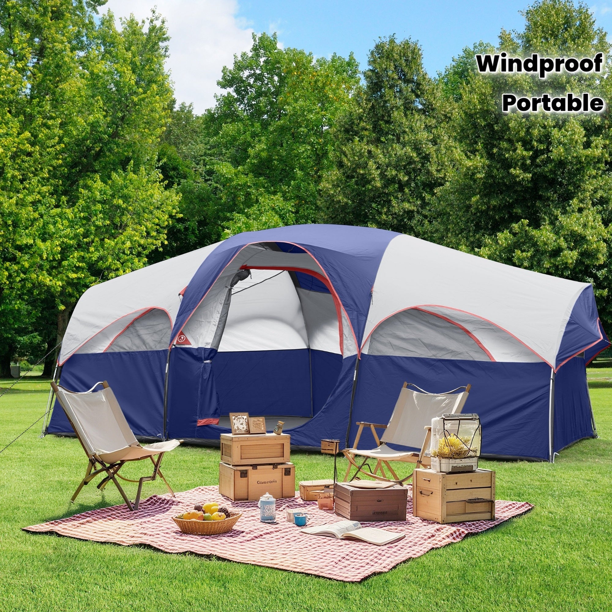 8 Person Family Camping Tent, Spacious Double-Layer & Windproof Tent With Mesh Windows And Divider Curtain, Easy Setup & Portable For Outdoor Camping
