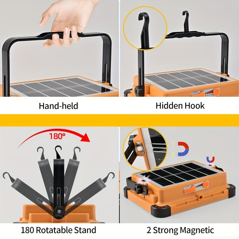 Upgraded Solar LED Work Light with Magnetic Hook - Adjustable Brightness, Dual Solar\u002FUSB Charging, 2400mAh Battery, Ideal for Camping, Hiking, Emergency Situations - Perfect Festival Gift, Solar Camping Lantern, Portable Outdoor Lighting