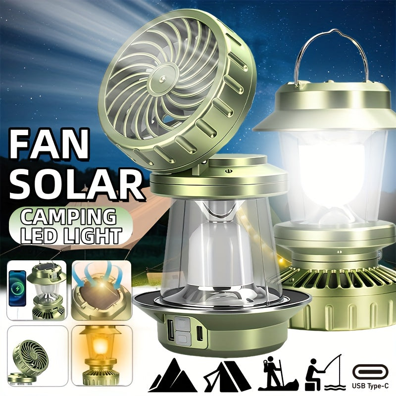 Solar Fan Camping Lantern Multi-functiona Rechargeable Hooked Camping Light Vintage Super Bright Flashlight 6 Gear Modes Strong Air-blowing Backup Power for Hiking Emergency Travel Hiking Gear Compact Tactical Light Survival Gadgets Local Warehouse