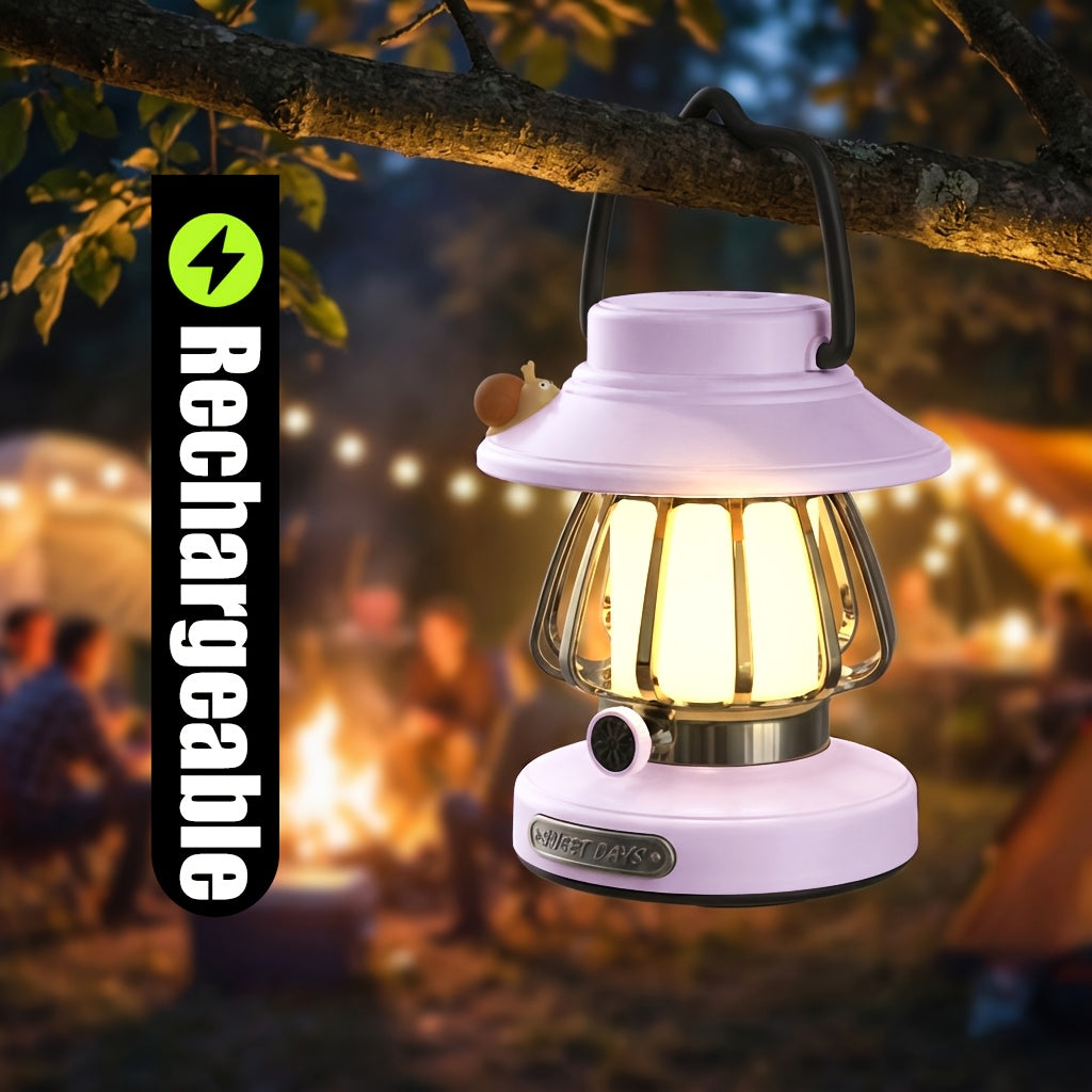 Portable Battery-Operated USB Rechargeable Lamp with Three Dimmable LED Colors, Perfect for Tents, Bedrooms, And During Power Outages. Available in Four Colors: White, Green, Pink, And Purple