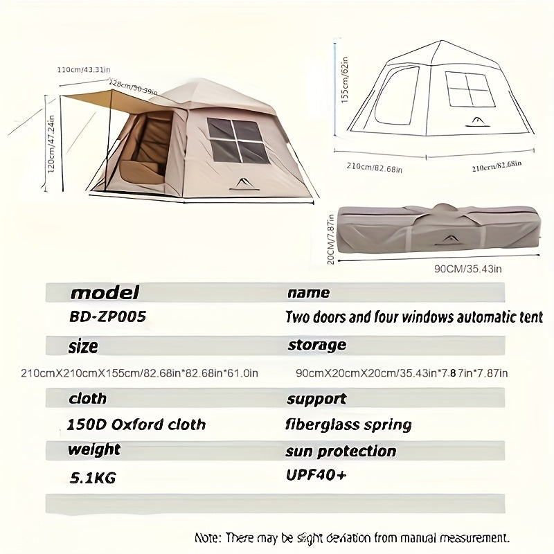 MOUNTAINHIKER Automatic Tent, Accommodates 3-4 People, Features 2 Entrances And 2 Windows, Suitable for Sleeping, Outdoor Activities, Hiking, And Camping in Black