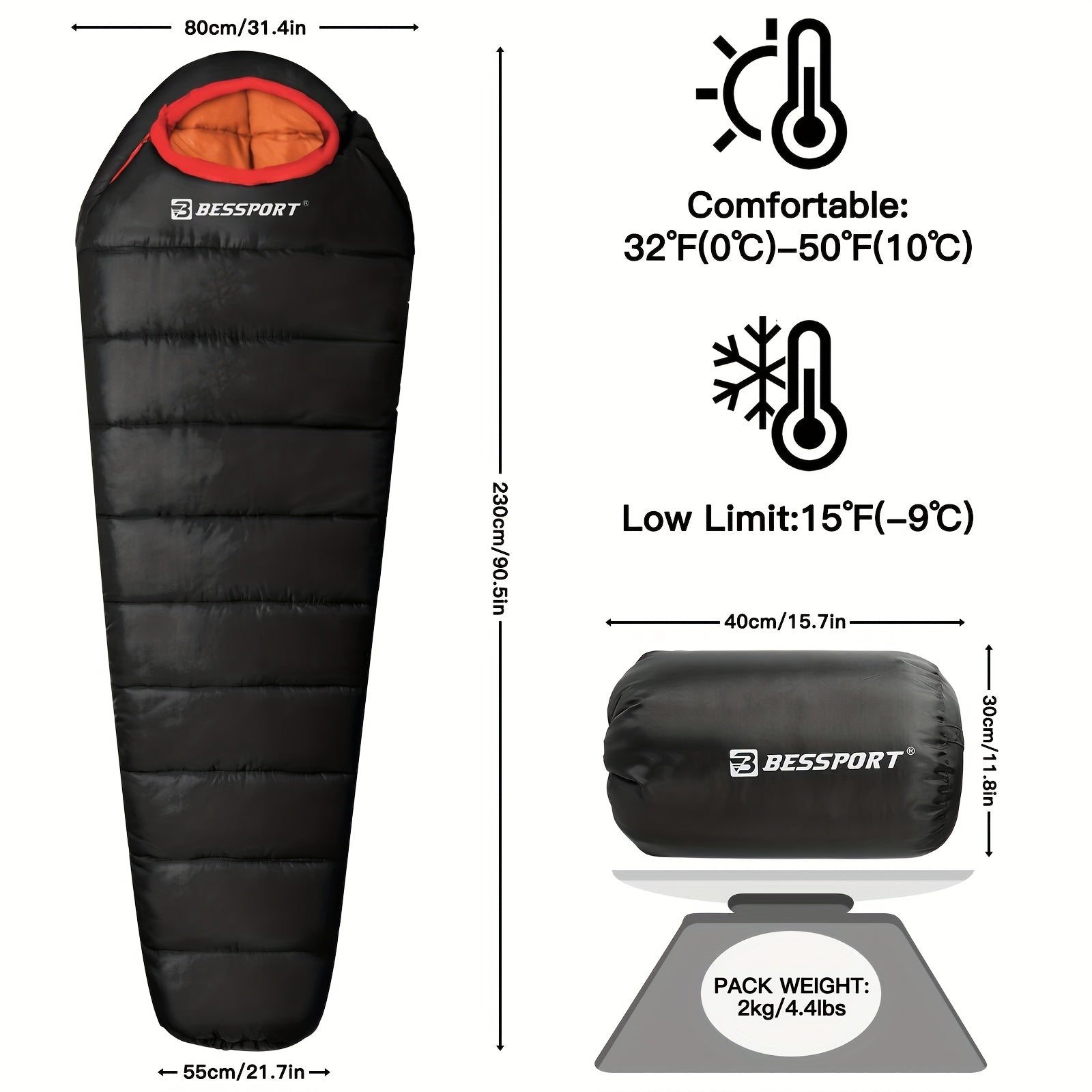 Bessport Mummy Sleeping Bag 15-45 Fahrenheit Extreme 3-4 Season Sleeping Bag for Adults Cold Weather-Warm And Washable, for Hiking Traveling Outdoor Activities