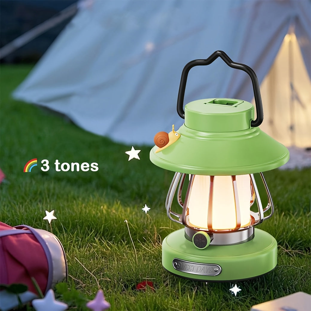 Portable Battery-Operated USB Rechargeable Lamp with Three Dimmable LED Colors, Perfect for Tents, Bedrooms, And During Power Outages. Available in Four Colors: White, Green, Pink, And Purple