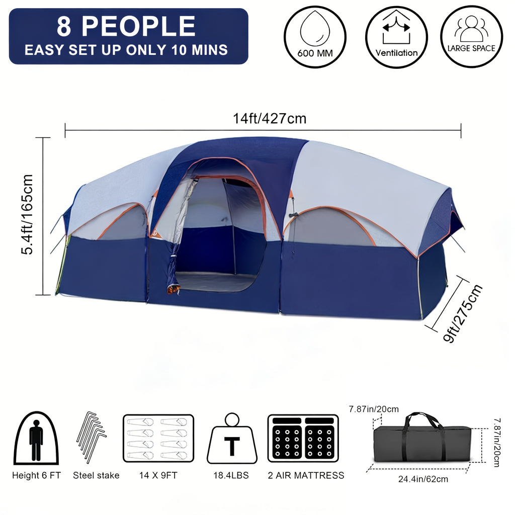 8 Person Family Camping Tent, Spacious Double-Layer & Windproof Tent With Mesh Windows And Divider Curtain, Easy Setup & Portable For Outdoor Camping