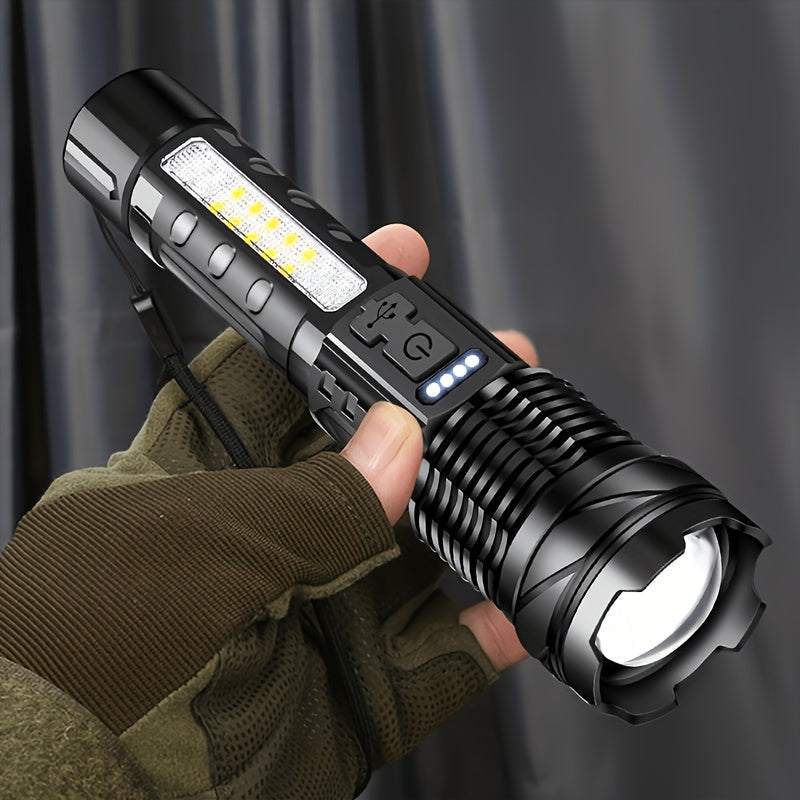 LED Flashlight Super Bright, Built-in 1200mAh Battery COB Red Blue Warning Light, Zoomable Focus with Hand Strap & ABS Housing, Easter Holiday Gift for Camping and Backyard Exploration