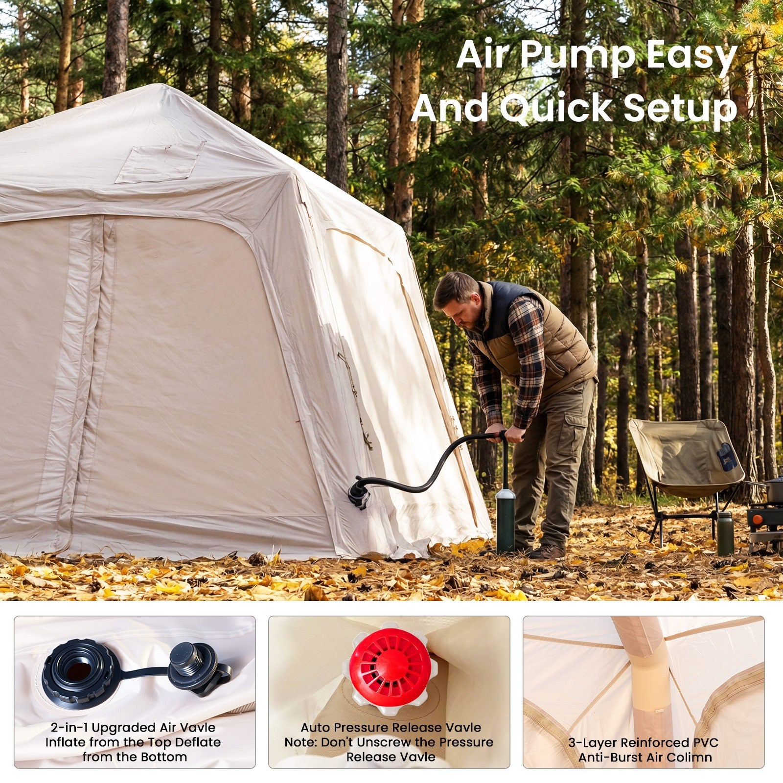 4–6 Person Blow Up Tent with Hand Pump, Inflatable Sun Shelter, Easy Setup Outdoor Canopy with Removable Doors & Mesh Windows, Ventilated Waterproof Shade for Beach, Camping, Backyard & Picnic