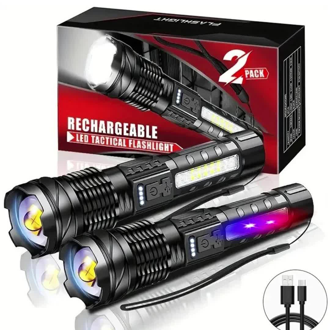 LED Flashlight Super Bright, Built-in 1200mAh Battery COB Red Blue Warning Light, Zoomable Focus with Hand Strap & ABS Housing, Easter Holiday Gift for Camping and Backyard Exploration