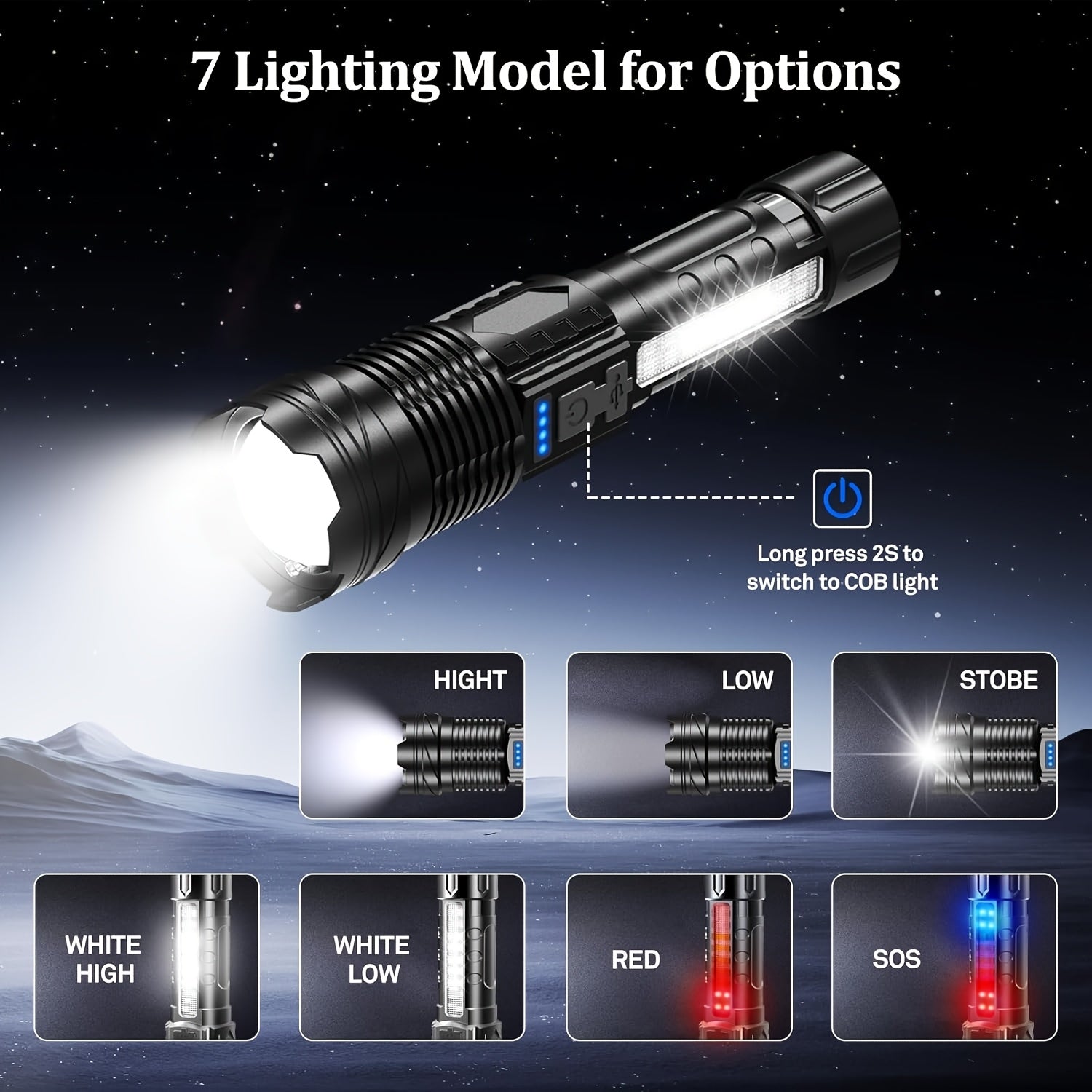 LED Flashlight Super Bright, Built-in 1200mAh Battery COB Red Blue Warning Light, Zoomable Focus with Hand Strap & ABS Housing, Easter Holiday Gift for Camping and Backyard Exploration