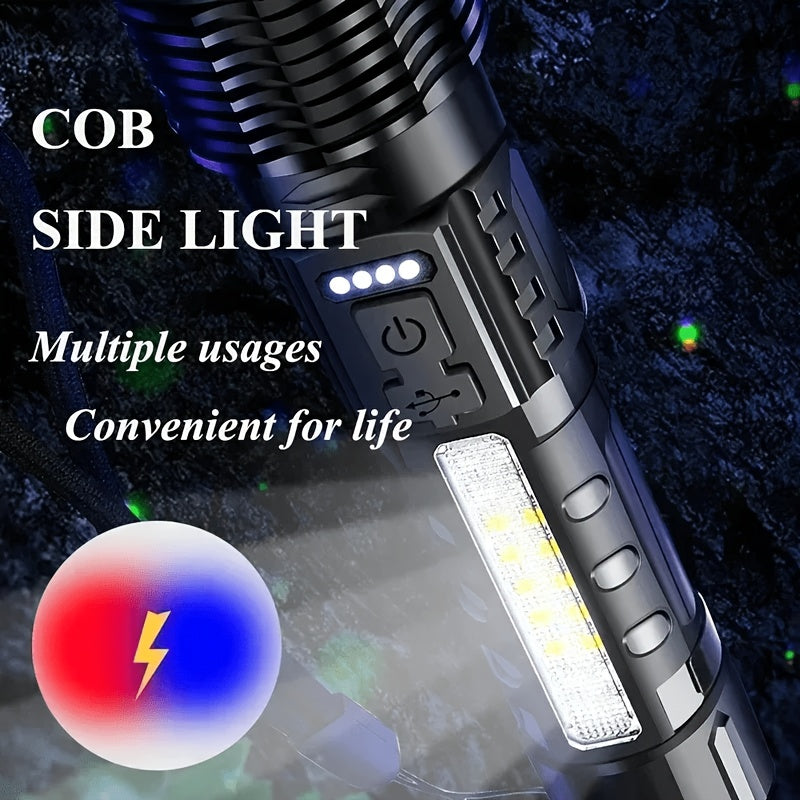 LED Flashlight Super Bright, Built-in 1200mAh Battery COB Red Blue Warning Light, Zoomable Focus with Hand Strap & ABS Housing, Easter Holiday Gift for Camping and Backyard Exploration
