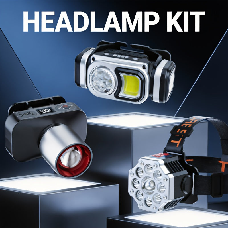 3pcsMulti-functional LED Headlamp, Head-worn Flashlight, USB Rechargeable Headlamp, Adjustable Angle, Outdoor Fishing Headlamp, Strong Light Mode, Suitable for Camping, Running, Fishing