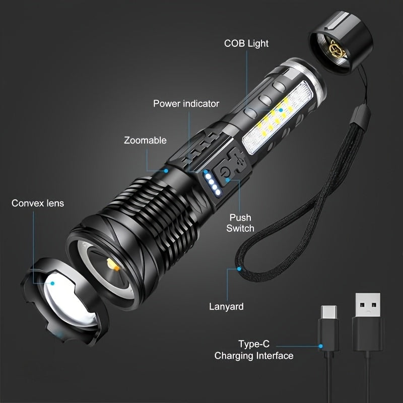 LED Flashlight Super Bright, Built-in 1200mAh Battery COB Red Blue Warning Light, Zoomable Focus with Hand Strap & ABS Housing, Easter Holiday Gift for Camping and Backyard Exploration