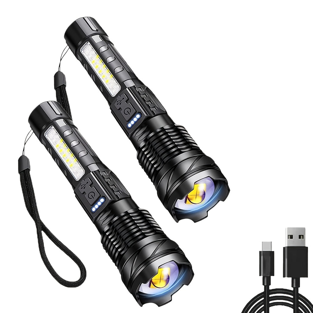 LED Flashlight Super Bright, Built-in 1200mAh Battery COB Red Blue Warning Light, Zoomable Focus with Hand Strap & ABS Housing, Easter Holiday Gift for Camping and Backyard Exploration