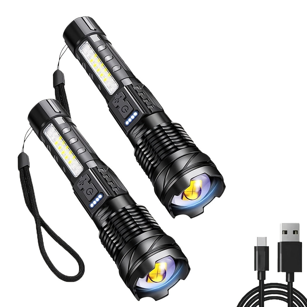 LED Flashlight Super Bright, Built-in 1200mAh Battery COB Red Blue Warning Light, Zoomable Focus with Hand Strap & ABS Housing, Easter Holiday Gift for Camping and Backyard Exploration