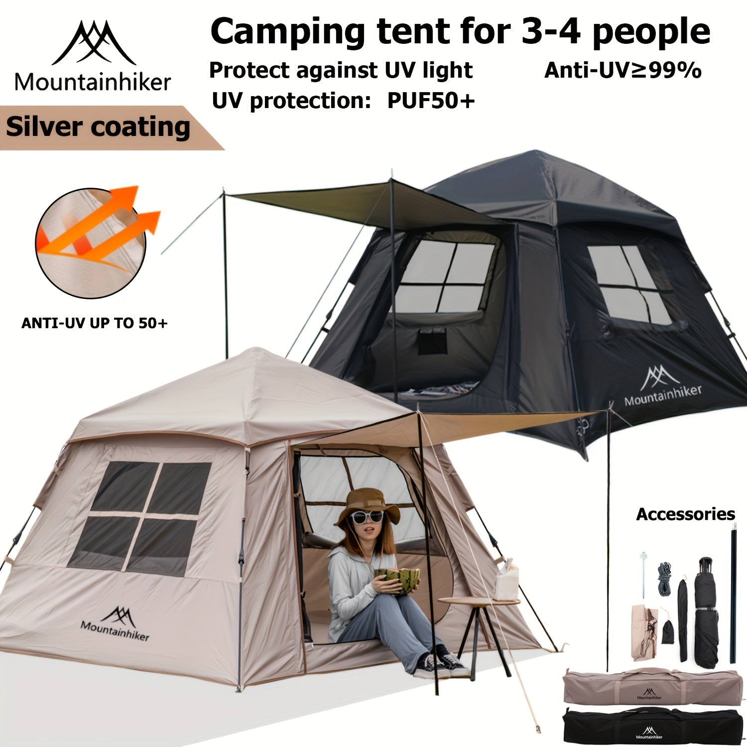 MOUNTAINHIKER Automatic Tent, Accommodates 3-4 People, Features 2 Entrances And 2 Windows, Suitable for Sleeping, Outdoor Activities, Hiking, And Camping in Black