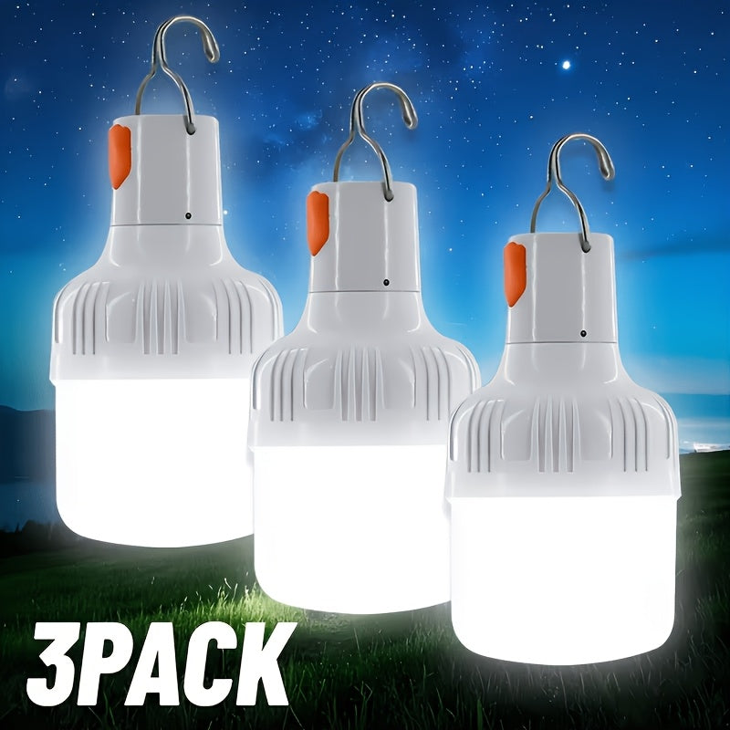 LiHangStar 3pcs Portable Camping Lantern Set, Rechargeable LED Tent Bulb Portable Hanging Design 3 Lighting Modes, Clip Hook Suitable for Camping, Hiking, Fishing, White Light