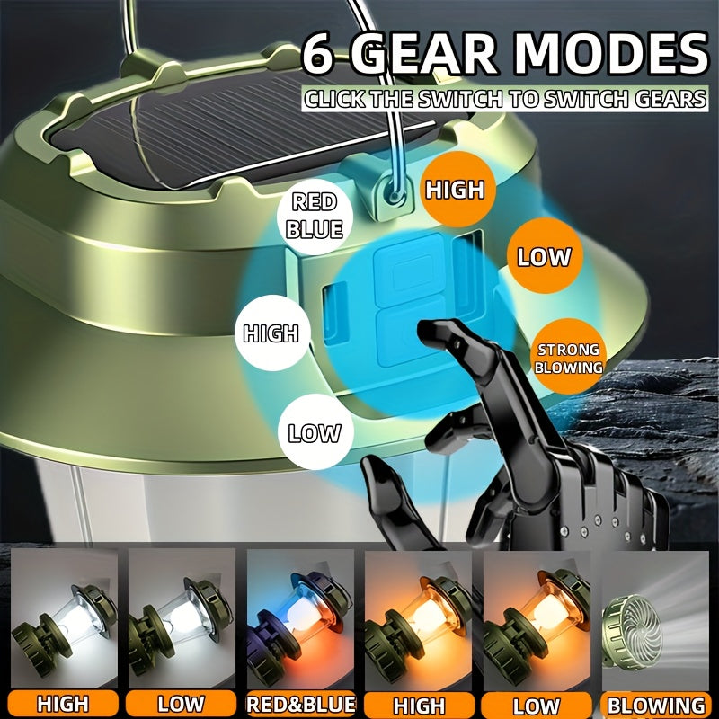 Solar Fan Camping Lantern Multi-functiona Rechargeable Hooked Camping Light Vintage Super Bright Flashlight 6 Gear Modes Strong Air-blowing Backup Power for Hiking Emergency Travel Hiking Gear Compact Tactical Light Survival Gadgets Local Warehouse