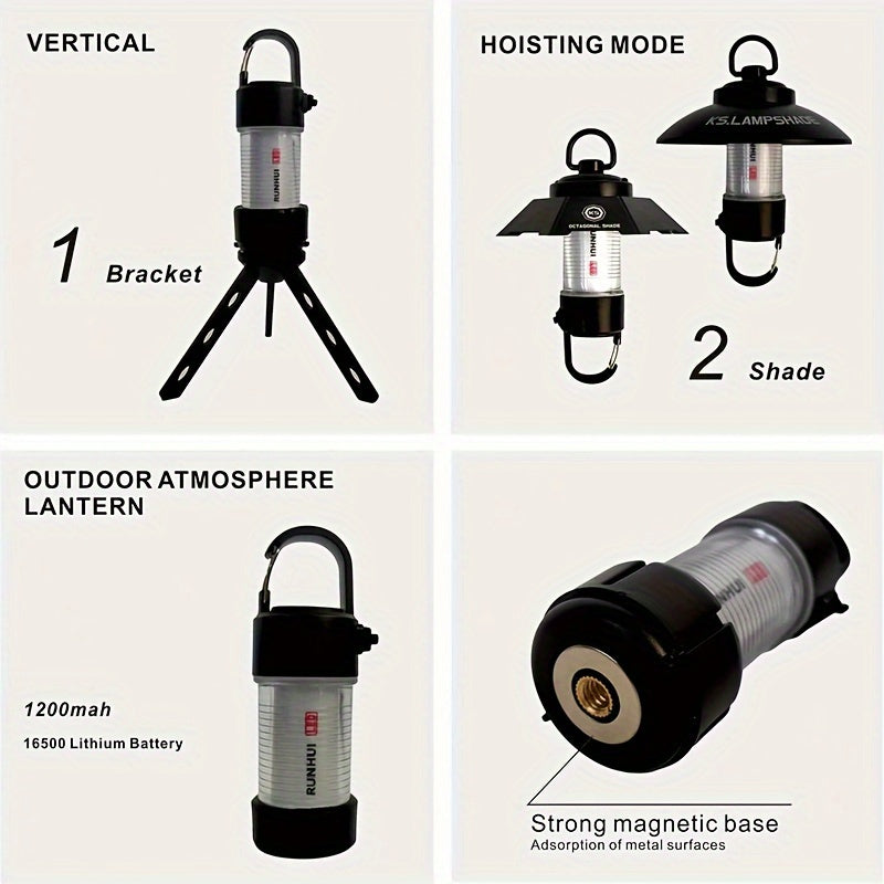 Portable Camping Lantern, Multifunctional LED Light, 5-Hour Continuous Lighting, USB Charging - 4 Light Modes, Magnetic Base Included (RHL4 Single Lamp Does Not Include Magnetic Base), Ideal for Camping, Hiking, and Emergencies