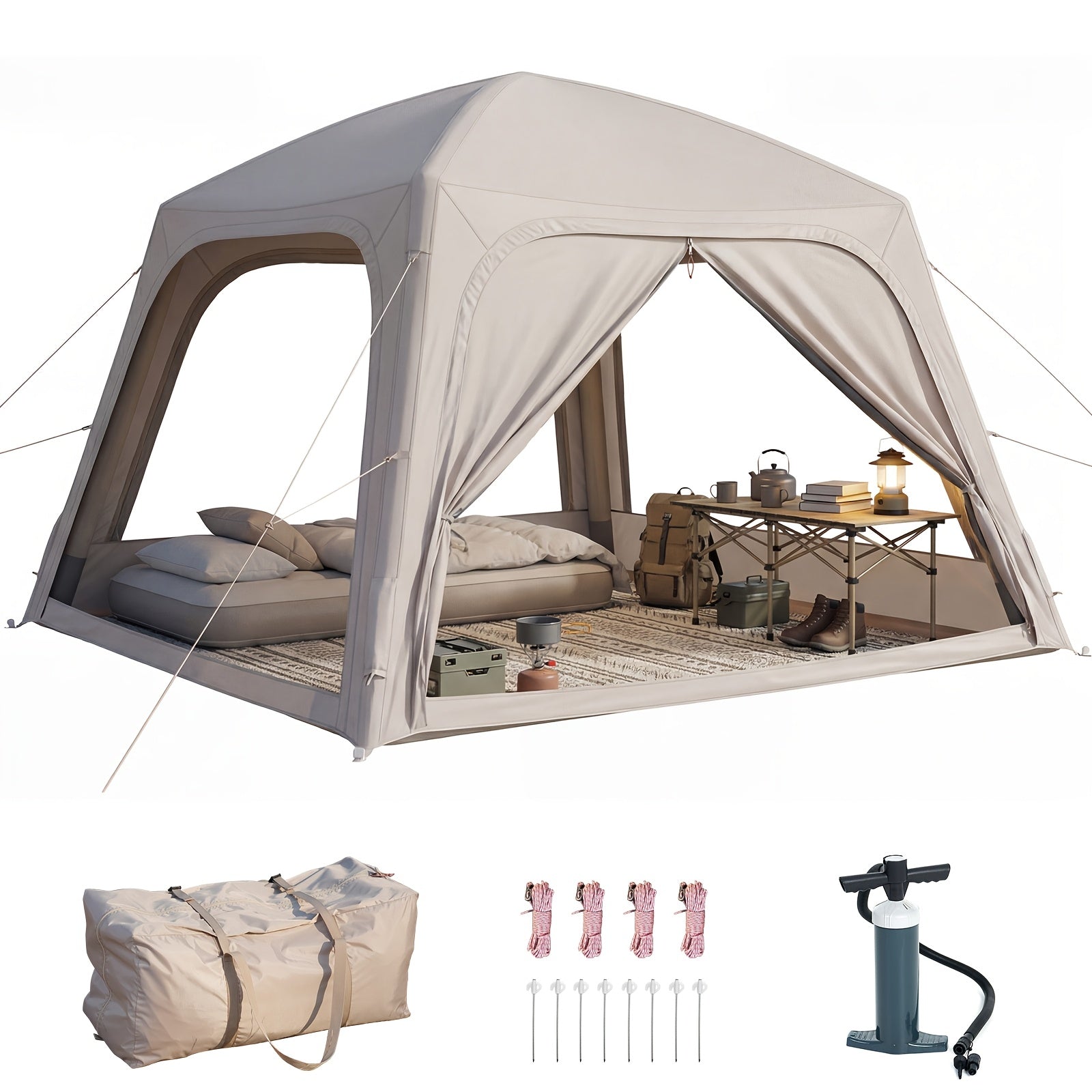 4-6 Person Inflatable Camping Tent, Easy Setup Blow Up Tent with Hand Pump, 4 Season Glamping Tent for Outdoor Camping