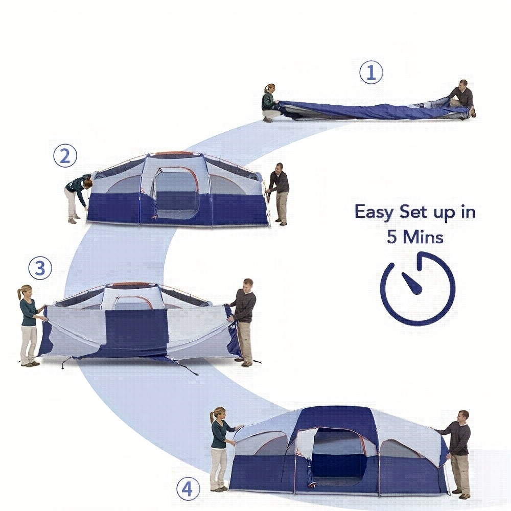 8 Person Family Camping Tent, Spacious Double-Layer & Windproof Tent With Mesh Windows And Divider Curtain, Easy Setup & Portable For Outdoor Camping