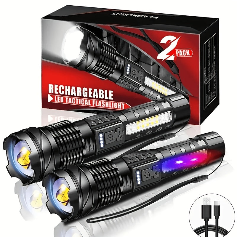 LED Flashlight Super Bright, Built-in 1200mAh Battery COB Red Blue Warning Light, Zoomable Focus with Hand Strap & ABS Housing, Easter Holiday Gift for Camping and Backyard Exploration