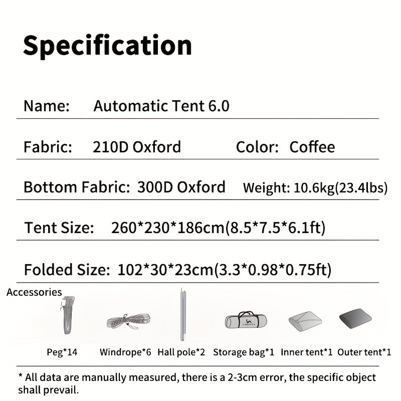 Automatic Tent 6.0 With 210D Oxford Fabric, Upf50+ Silver Coating, Double-Layer Structure & Large Panoramic Skylight | Brown, Polyester, Aluminum Poles, Single Door, Instant Setup For Camping, Hiking