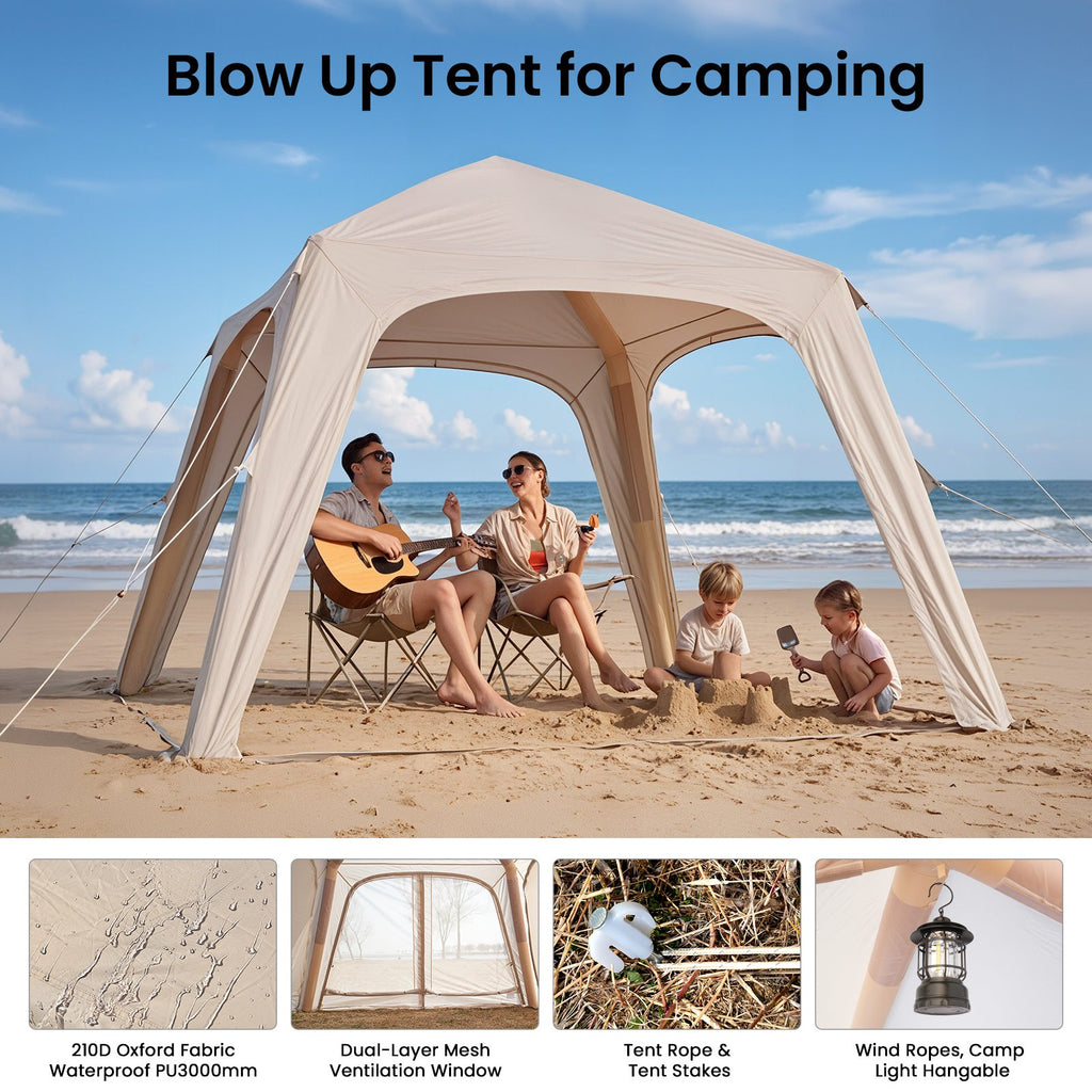 4–6 Person Blow Up Tent with Hand Pump, Inflatable Sun Shelter, Easy Setup Outdoor Canopy with Removable Doors & Mesh Windows, Ventilated Waterproof Shade for Beach, Camping, Backyard & Picnic