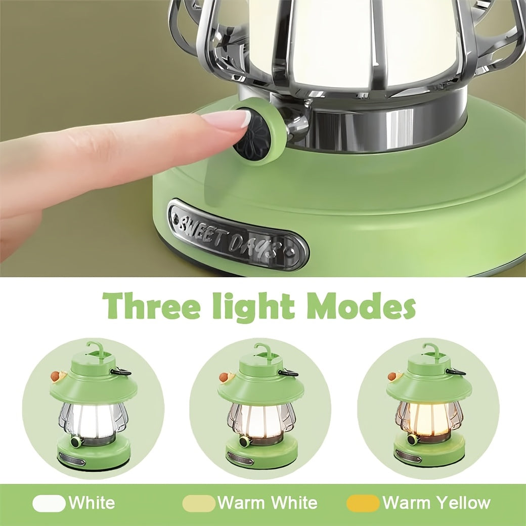 Portable Battery-Operated USB Rechargeable Lamp with Three Dimmable LED Colors, Perfect for Tents, Bedrooms, And During Power Outages. Available in Four Colors: White, Green, Pink, And Purple