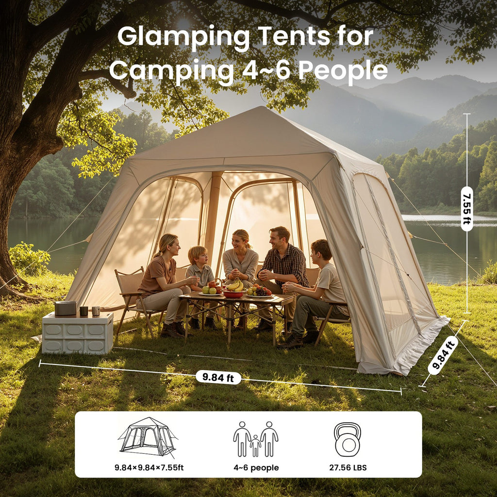 4–6 Person Blow Up Tent with Hand Pump, Inflatable Sun Shelter, Easy Setup Outdoor Canopy with Removable Doors & Mesh Windows, Ventilated Waterproof Shade for Beach, Camping, Backyard & Picnic