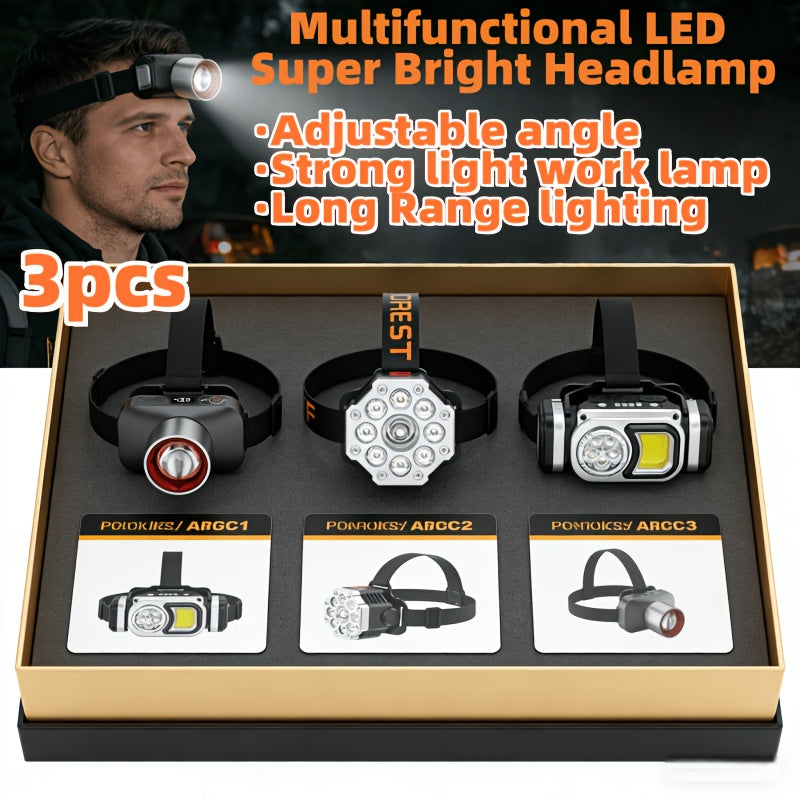 3pcsMulti-functional LED Headlamp, Head-worn Flashlight, USB Rechargeable Headlamp, Adjustable Angle, Outdoor Fishing Headlamp, Strong Light Mode, Suitable for Camping, Running, Fishing