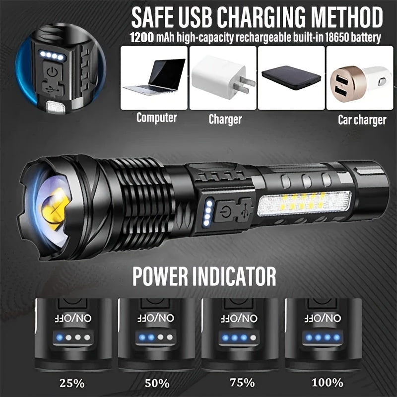 LED Flashlight Super Bright, Built-in 1200mAh Battery COB Red Blue Warning Light, Zoomable Focus with Hand Strap & ABS Housing, Easter Holiday Gift for Camping and Backyard Exploration