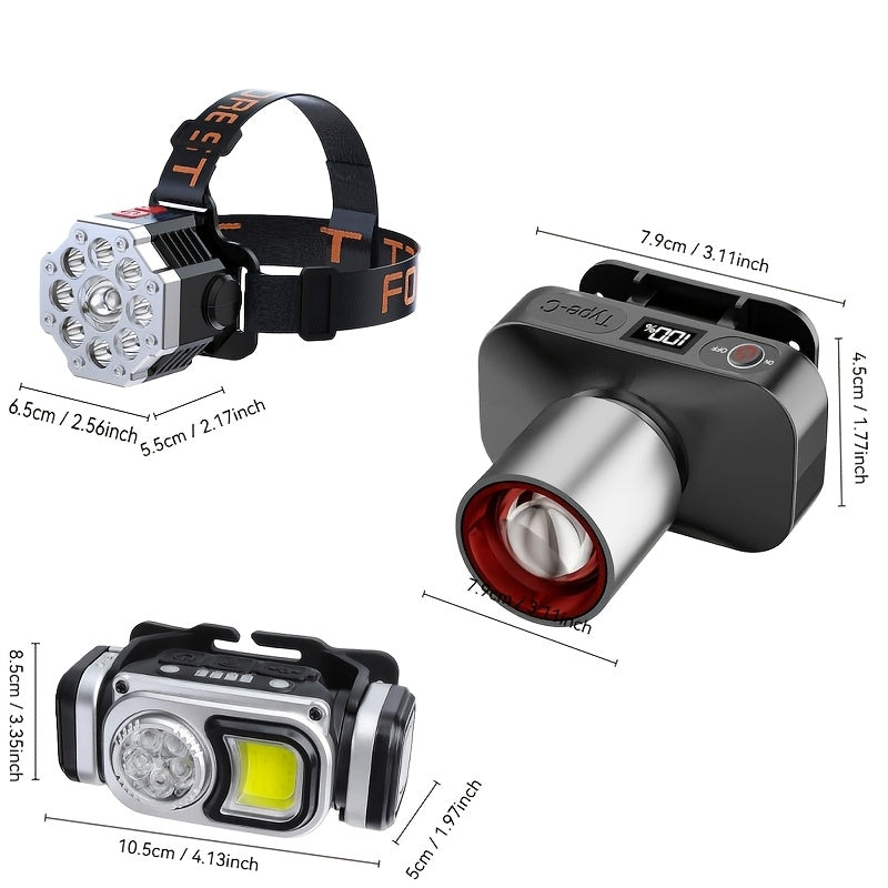 3pcsMulti-functional LED Headlamp, Head-worn Flashlight, USB Rechargeable Headlamp, Adjustable Angle, Outdoor Fishing Headlamp, Strong Light Mode, Suitable for Camping, Running, Fishing