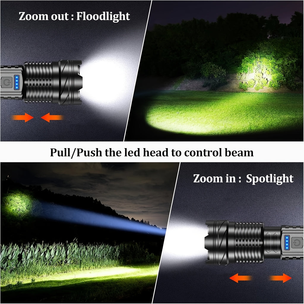 LED Flashlight Super Bright, Built-in 1200mAh Battery COB Red Blue Warning Light, Zoomable Focus with Hand Strap & ABS Housing, Easter Holiday Gift for Camping and Backyard Exploration