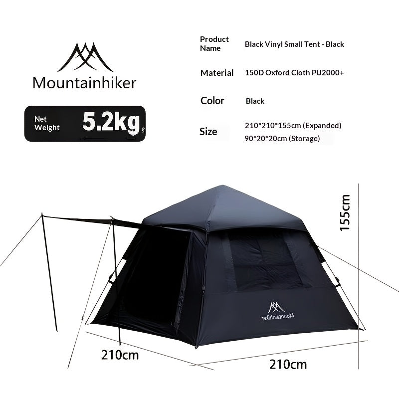 MOUNTAINHIKER Automatic Tent, Accommodates 3-4 People, Features 2 Entrances And 2 Windows, Suitable for Sleeping, Outdoor Activities, Hiking, And Camping in Black